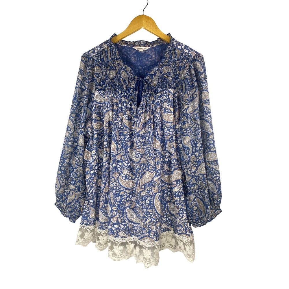 Lucky Brand Womens 3X Blue Paisley Smocked Lace Trim Peasant Blouse Top Boho